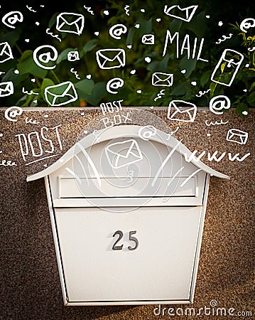 Postbox with white hand drawn mail icons Stock Photo