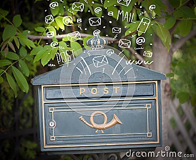 Postbox with white hand drawn mail icons Stock Photo