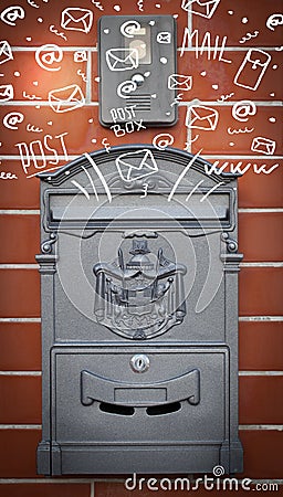 Postbox with white hand drawn mail icons Stock Photo