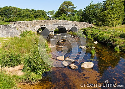 Postbridge clapper bridge Dartmoor National Park Devon England UK Stock Photo