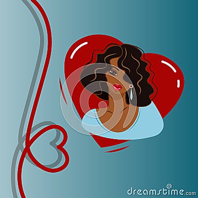 Postcard with african american girl and heart. Cute African American Woman on Happy Valentine Day Heart Shape Template Vector Illustration