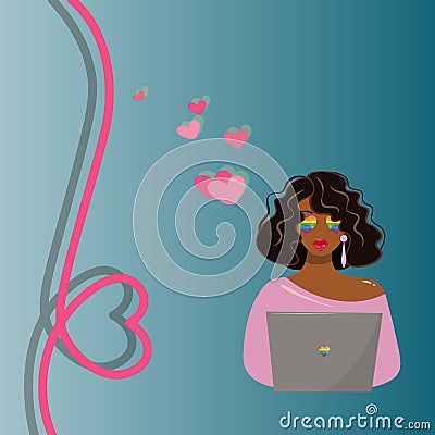 Postcard with an African American woman working at a computer. A pretty girl from the LGBT community. Happy Valentine's Vector Illustration