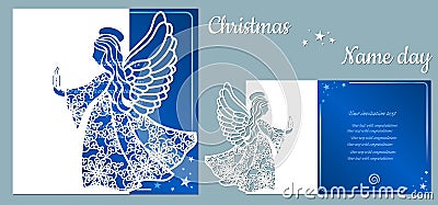 Postcard with an angel in the hands of fire, for holiday and congratulations, template. Template for laser cutting and plotter Vector Illustration