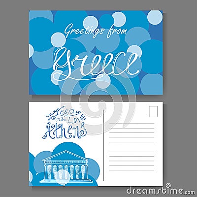 Postcard from Athens. Hand drawn lettering and sketch. Greetings from Greece. Vector illestration Vector Illustration