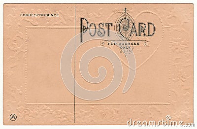 1910 Postcard Back with Embossed Heart Stock Photo