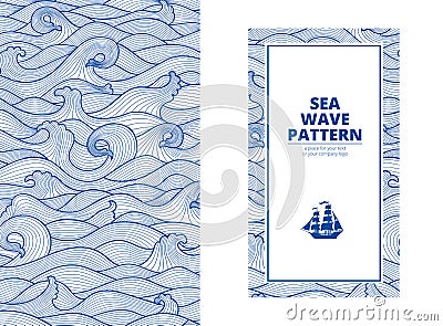 Postcard banner monotone blue sea waves and the ship Vector Illustration