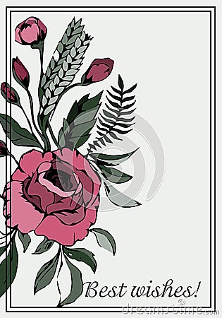 Postcard with best wishes. Regards. Card with branchy roses. Vector Illustration