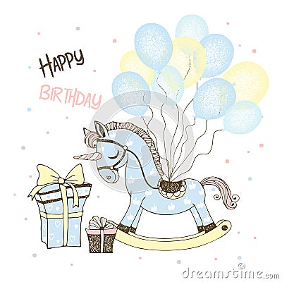 Postcard for the birth of a boy with a toy horse unicorn and balloons and gifts. Vector Vector Illustration