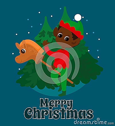 Postcard in cartoon style and text Merry Christmas. Elf boy on a toy horse. Vector Illustration