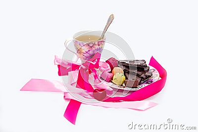 Postcard chocolate sweets with tea Stock Photo