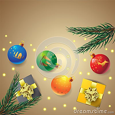 Postcard Christmas tree gift packing balls glass lights on isolated background. Vector image Vector Illustration