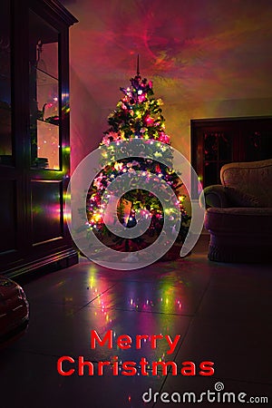 Postcard with a Christmas tree in a window with colored lights with the inscription Merry Christmas. Postcard with a Christmas Stock Photo