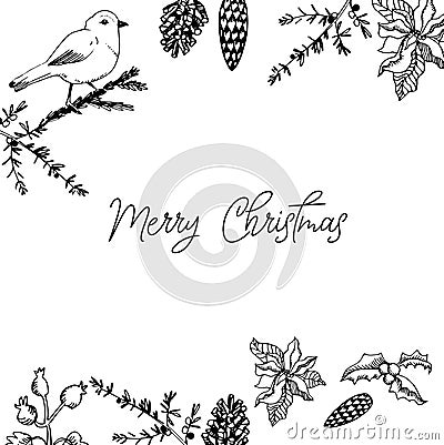 Postcard Christmas vector and lettering by hand black white bird branches cones December Vector Illustration