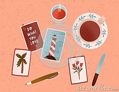 Postcard collecting. Cozy hygge home composition with motivational cards. Desk with a candle, cup of tea or coffee Vector Illustration