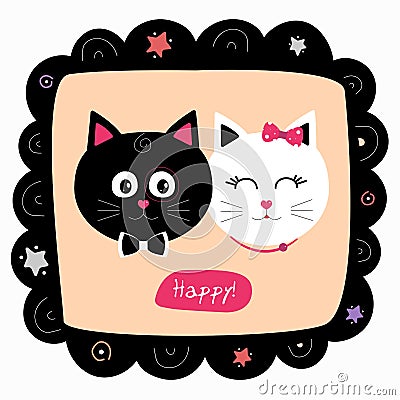 Postcard with cute cats in the frame. Vector Illustration