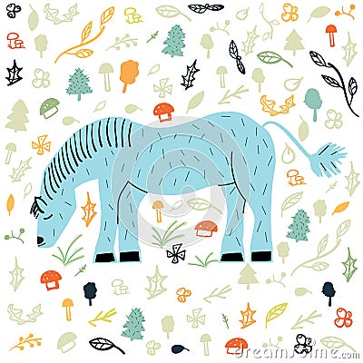 Postcard with a cute horse, mushrooms, grass, leaves, illustration in doodle style for childrens printing on cards, clothes Vector Illustration