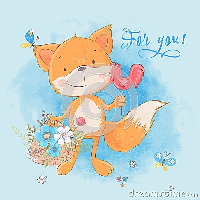 Postcard cute little fox and flowers. Cartoon style. Stock Photo