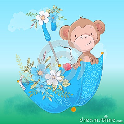 Postcard cute monkey umbrella and flowers. Stock Photo