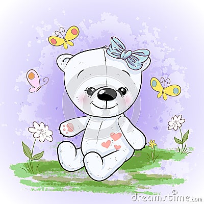 Postcard cute polar bear flowers and butterflies. Cartoon style Stock Photo