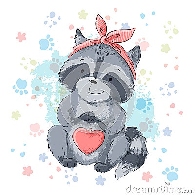 Postcard cute raccoon with heart. Cartoon style Stock Photo