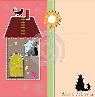Postcard with decorative house and a cat Vector Illustration