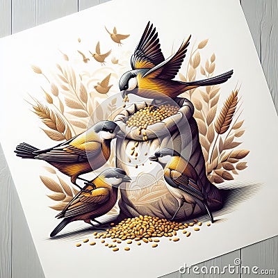 A postcard depicting birds eating grain from a bag. Stock Photo