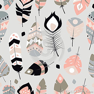 Seamless pattern with boho vintage tribal ethnic colorful vibrant feathers Vector Illustration