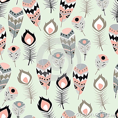 Seamless pattern with boho vintage tribal ethnic colorful vibrant feathers Vector Illustration