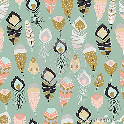 Seamless pattern with boho vintage tribal ethnic colorful vibrant feathers Vector Illustration