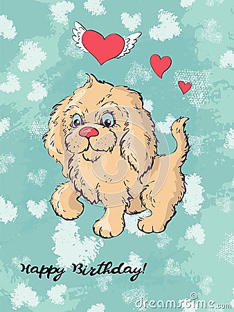 Postcard dog, hearts and letter. Valentine s day Vector illustration. Vector Illustration