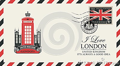 Postcard or envelope with London telephone booth Vector Illustration