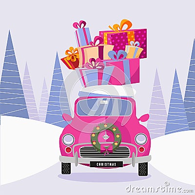 Postcard in a flat cartoon girlish style with a cute pink retro car decorated with a Christmas wreath that carries gift colorful Vector Illustration