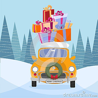 Postcard in flat cartoon style with cute yellow retro car decorated with Christmas wreath that carries gift colorful boxes with Vector Illustration