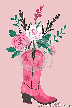 Postcard flowers in a trendy cowgirl boot . Vector graphics Vector Illustration