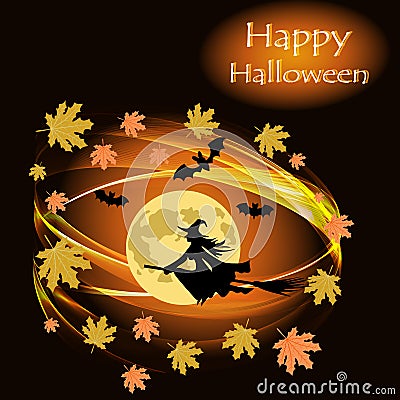 Postcard with a flying witch on a broomstick in full moon, with swirling maple leaves Stock Photo