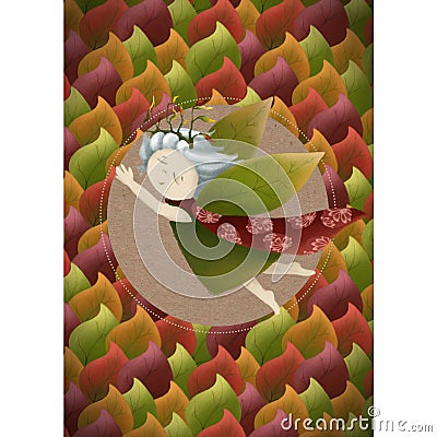 Postcard with a forest nymph. Little girl in a framed in a leaf. autumn leaf fall. Princess on a paper background. Stock Photo