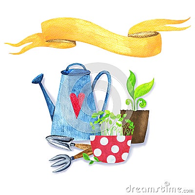 Postcard for the gardener: tools for work, seedlings and a ribbon for signature Stock Photo