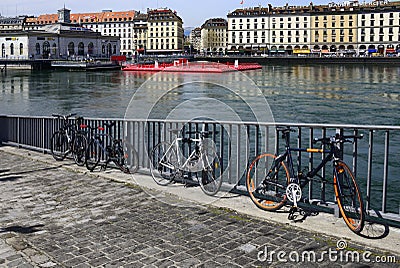 Postcard from Geneva, Rhone river seen from Promenade du Lac, Geneva, Switzerland Editorial Stock Photo