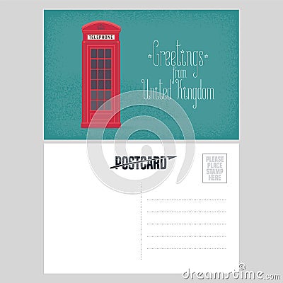 Postcard from Great Britain vector illustration with red phone booth Vector Illustration