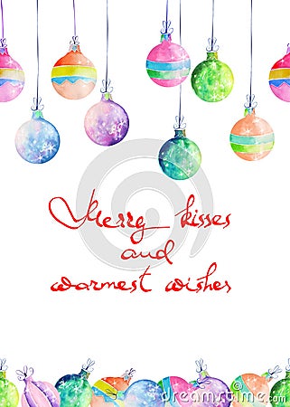 Postcard, greeting card or invitation with watercolor colored Christmas balls Stock Photo