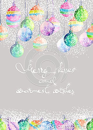 Postcard, greeting card or invitation with watercolor colored Christmas balls Stock Photo