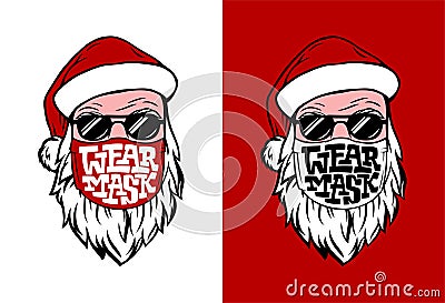 Postcard with hand drawn Santa in medical mask. Lettering WEAR MASK in white and red. Vector template for banner, poster, Stock Photo