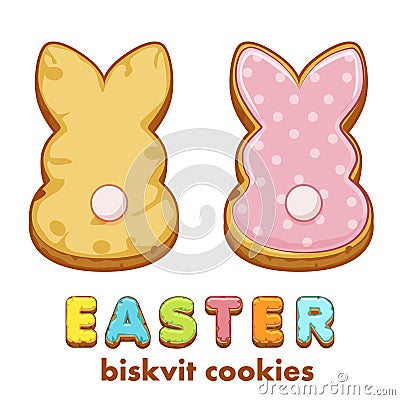 Postcard Happy Easter with cute bunnies biscuit cookies. Vector Illustration