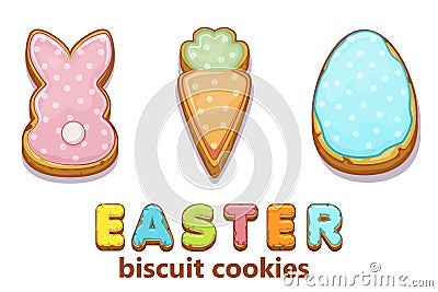 Postcard Happy Easter with cute bunnies and egg biscuit cookies. Vector Illustration