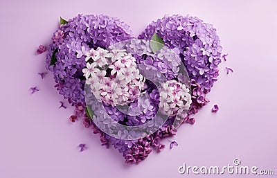 Postcard with a heart made of purple and lilac flowers, light background Stock Photo