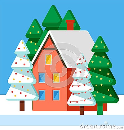 Postcard with Snowy Building and Fir-tree Vector Vector Illustration