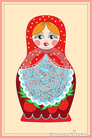 Postcard with the image of a matryoshka figurine on a light background Vector Illustration
