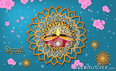 Postcard india diwali deepavali festival Lights of vector image with flower Vector Illustration