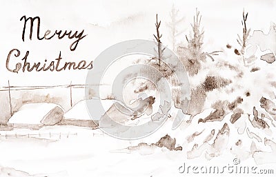 Postcard with the inscription Merry Christmas. Winter brown landscape of the village in the woods. Hand drawn watercolor Cartoon Illustration
