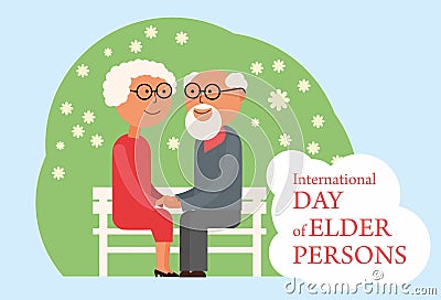 Postcard International Day of Older Persons. Funny grandparents are sitting on a bench in the garden Vector Illustration